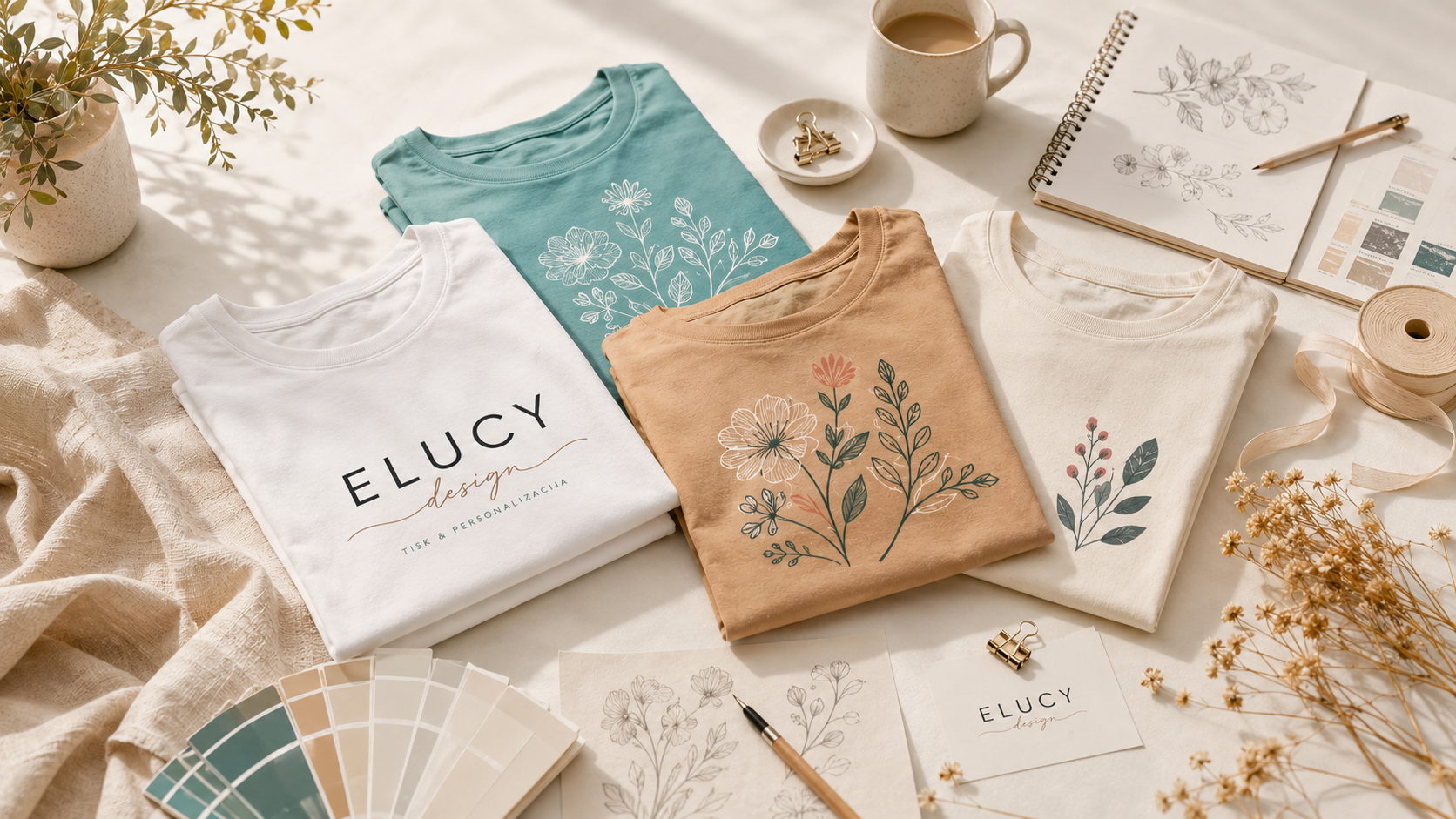 Elucy Design tiskani izdelki na topli kremni podlagi